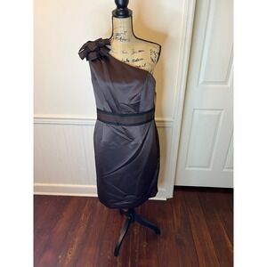 NUE by Shani dress brown size 14 one shoulder satin bow built in shape wear